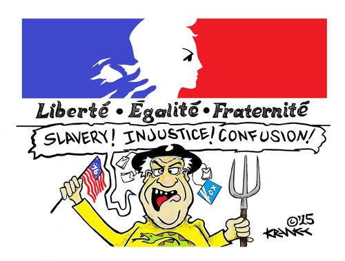 Tea-Party Version of Liberte, Egalite, Fraternite: "Slavery! Injustice! Confusion!" 