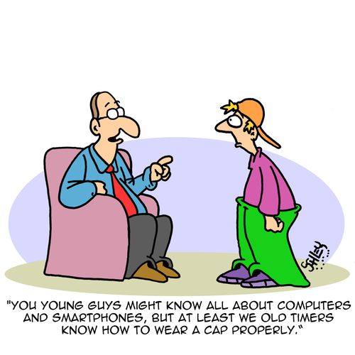 "You young guys might know all about computers and smartphones, but at least we old timers know how to wear a cap properly."