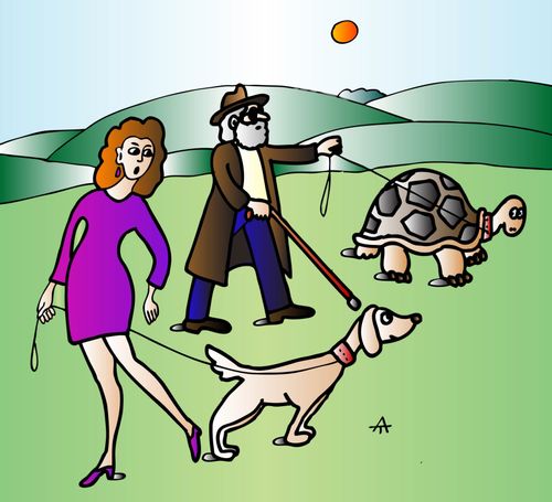 Blind man walking a tortoise.
