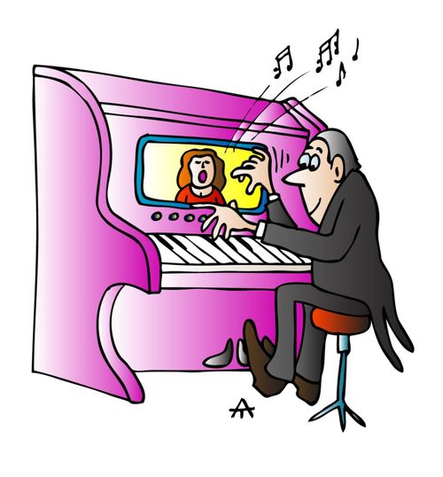 Pianist teleconferencing with a singer.