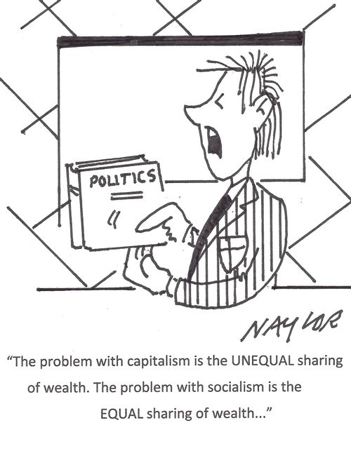 "The problem with capitalism is the unequal sharing of wealth. The problem with socialism is the equal sharing of wealth..."