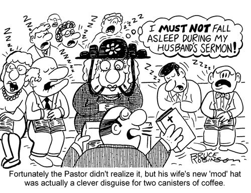Fortunately the Pastor didn't realize it, but his wife's new 'mod' hat was actually a clever disguise for two canisters of coffee.