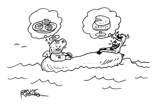 Angel & devil in raft fantasizing about food.