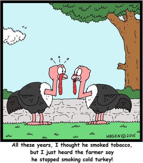 "All these years, I thought he smoked tobacco, but I just heard the farmer say he stopped smoking cold turkey!"