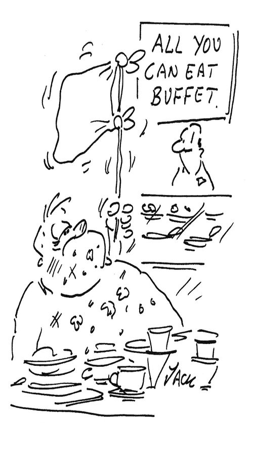 All you can eat buffet - Customer waving a white flag.