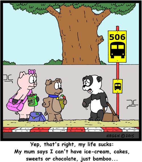 "Yep, that's right, my life sucks: My mum says I can't have ice-cream, cakes, sweets or chocolate, just bamboo..."