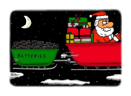 Santa in sleigh with another sleigh full of batteries in tow
