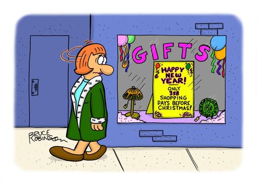 Lady walking past a sign that reads: "Happy New Year! Only 358 Shopping Days Before Christmas!"