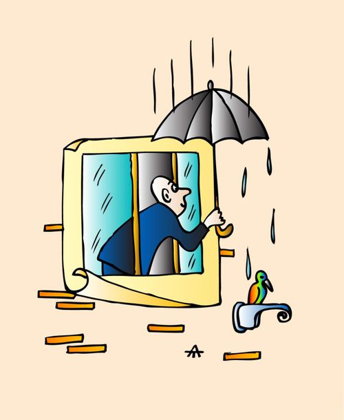 Man holds an umbrella over a bird.