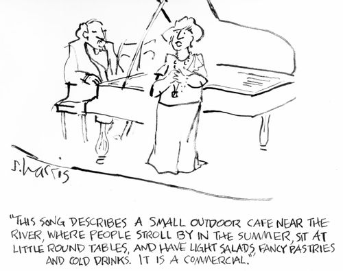 "This song describes a small outdoor cafe near the river, where people stroll by in the summer, sit at little round tables, and have light sleds, fancy pastries and cold drinks. It is a commercial."