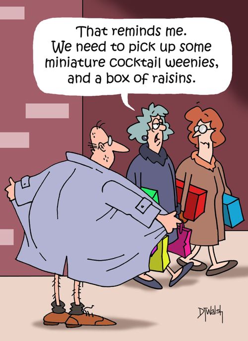 "That reminds me. We need to pick up some miniature cocktail weenies, and a box of raisins."