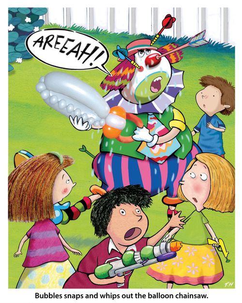 Bubbles snaps and whips out the balloon chainsaw.