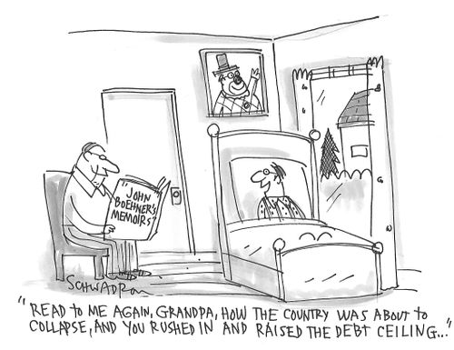 "Read to me again, Grandpa, how the country was about to collapse, and you rushed in and raised the debt ceiling..."