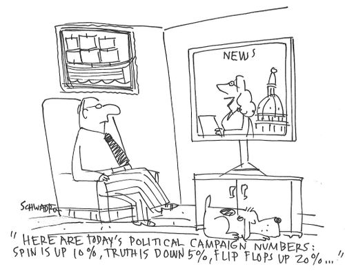 "Here are today's political campaign numbers: spin is up 10%, truth is down 5%, flip flops up 20%..."