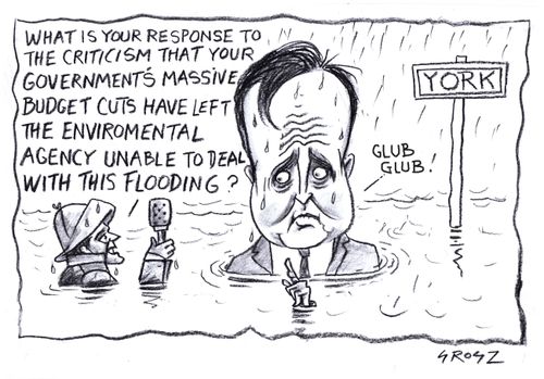 "What is your response to the criticism that your government's massive budget cuts have left the environmental agency unable to deal with this flooding?"