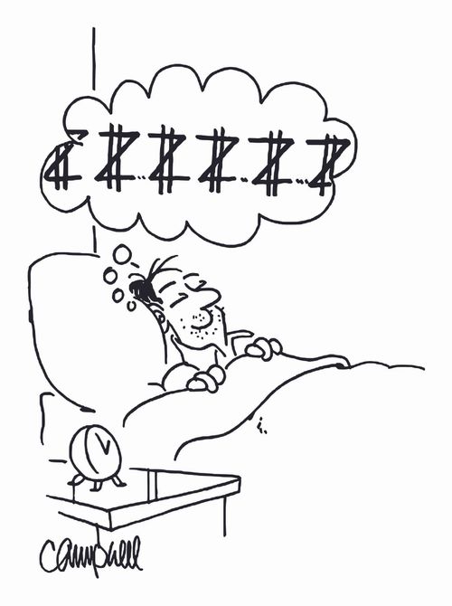 Sleeping man's Z's have lines through them making them dollar Z's