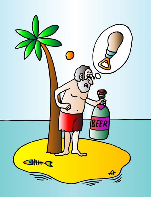 A Beer washes up on a desert island without a bottle opener.