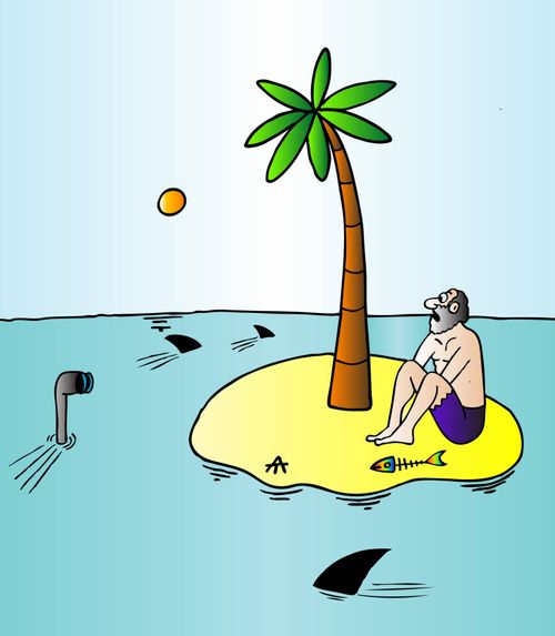 Periscope watching man on a desert island.