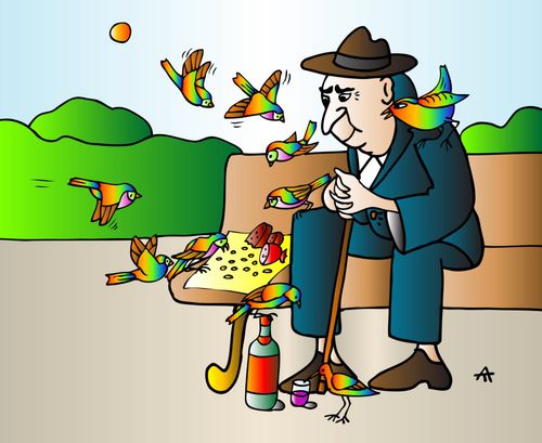 Old man sharing a picnic with birds