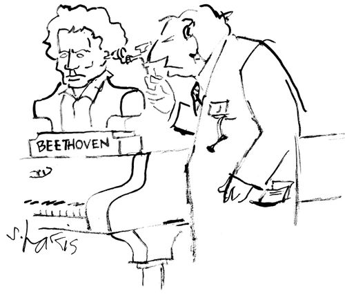 Doctor looks into ear of Beethoven statue