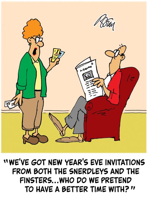 "We've got New Year's Eve invitations from both the Snerdleys and the Finsters...who do we pretend to have a better time with?"