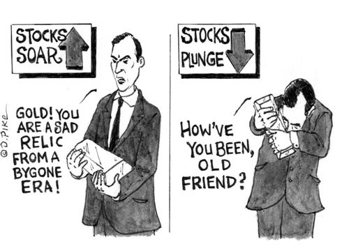 Investor alternates between hating and loving gold, depending on the stock market's performance.