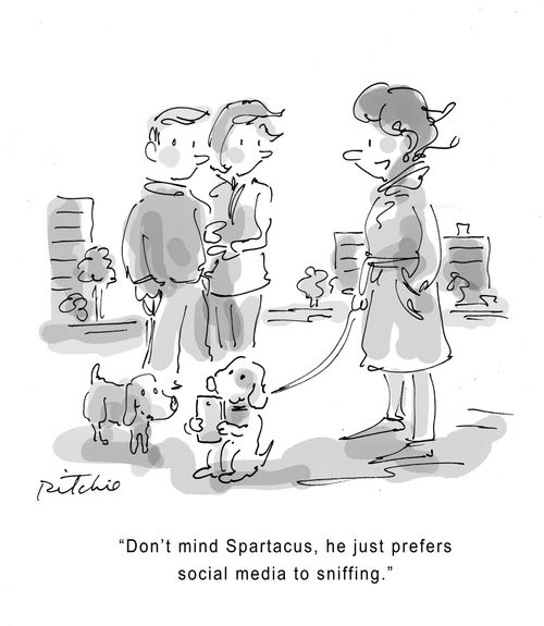 "Don't mind Spartacus, he just prefers social media to sniffing."