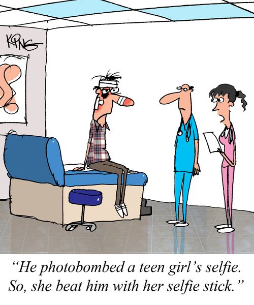 "He photobombed a teen girl's selfie. So, she beat him with her selfie stick."