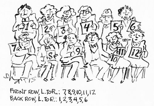 Front Row, L. to R.: 7, 8, 9,10,11,12  Back Row: L. to R: 1, 2, 3, 4, 5, 6.