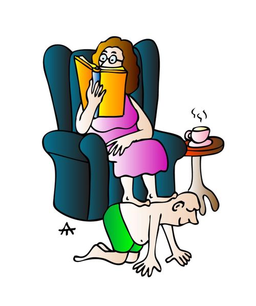 A woman using her husband as a footstool.