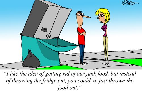 "I like the idea of getting rid of our junk food, but instead of throwing the fridge out, you could've just thrown the food out."