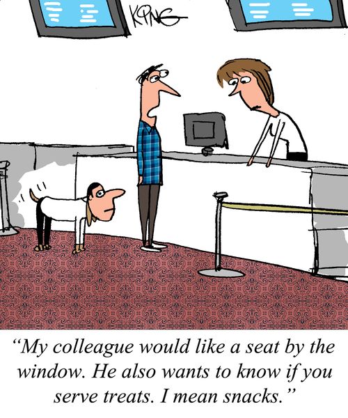 "My colleague would like a seat by the window. He also wants to know if you serve treats. I mean snacks."