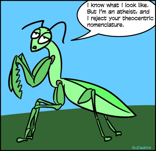 "I know what I look like. But I'm an atheist, and I reject your theocentric nomenclature."