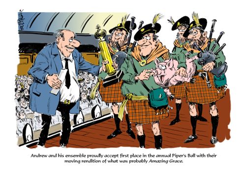 Andrew and his ensemble proudly accept first place in the annual Piper's Ball with their moving rendition of what was probably Amazing Grace.