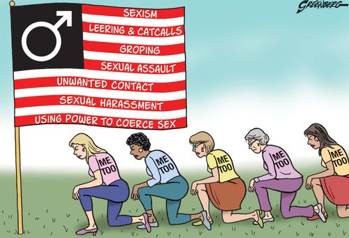 Women kneel in protest of misogyny.