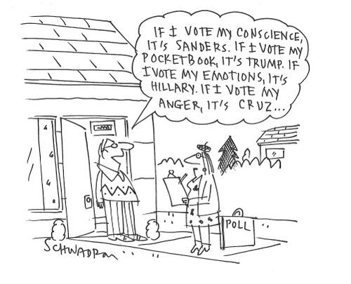 "If I vote my conscience, it's Sanders. If I vote my pocketbook, it's Trump. If I vote my emotions, it's Hillary. If I vote my anger, it's Cruz..."