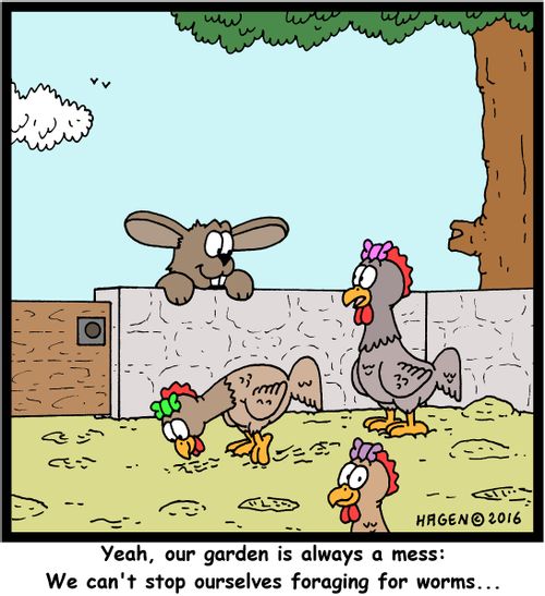 "Yeah, our garden is always a mess: We can't stop ourselves foraging for worms..."