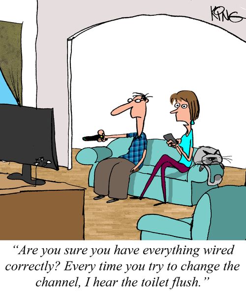 "Are you sure you have everything wired correctly? Every time you try to change the channel, I hear the toilet flush."