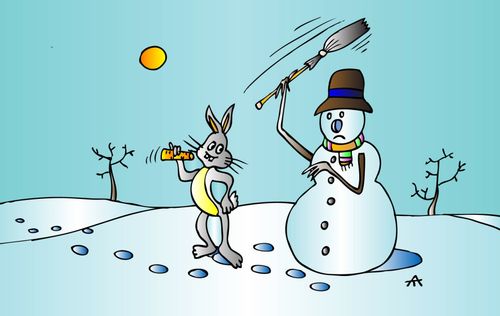 Rabbit steals a carrot from a snowman.