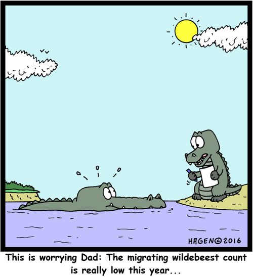 "This is worrying Dad: The migrating wildebeest count is really low this year..."