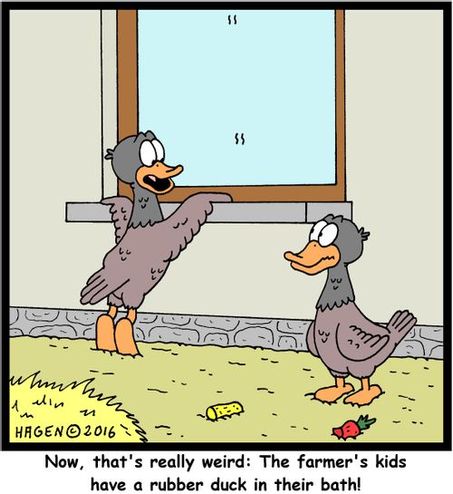 "Now, that's really weird: The farmer's kids have a rubber duck in their bath!"