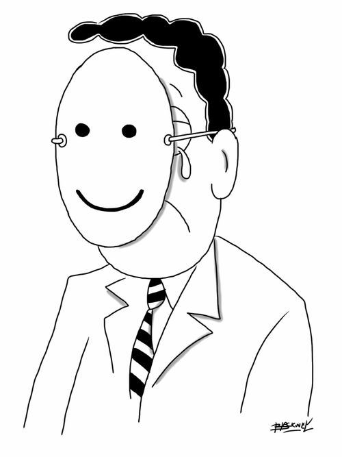 Sad businessman hiding behind a happy face.