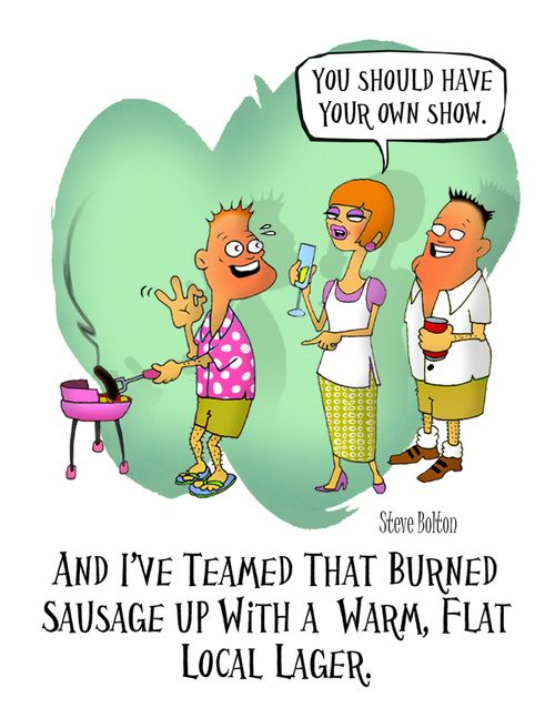 "And I'm teaming that burned sausage up with a warm, flat local lager."