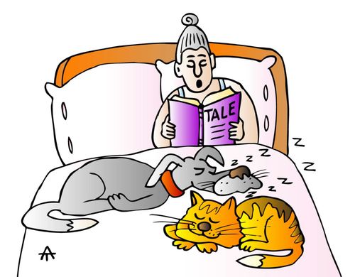 Old woman giving her cat and dog a bedtime story.