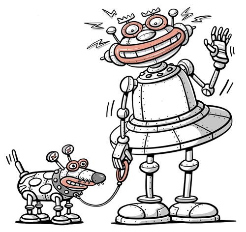 Robot lady with robot dog