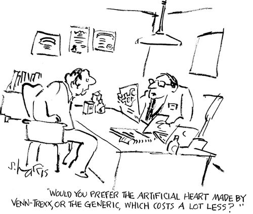 "Would you prefer the artificial heart made by Venn-Trexx, or the generic, which costs a lot less?"