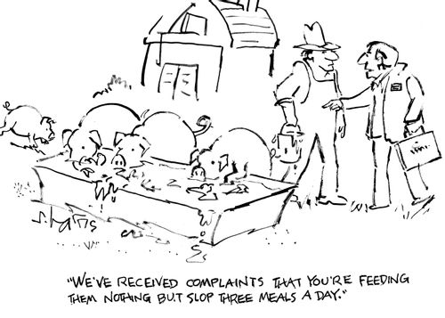 "We've received complaints that you're feeding them nothing but slop three meals a day."