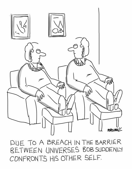 Due to breach in barrier between universes Bob suddenly confronts his other self.