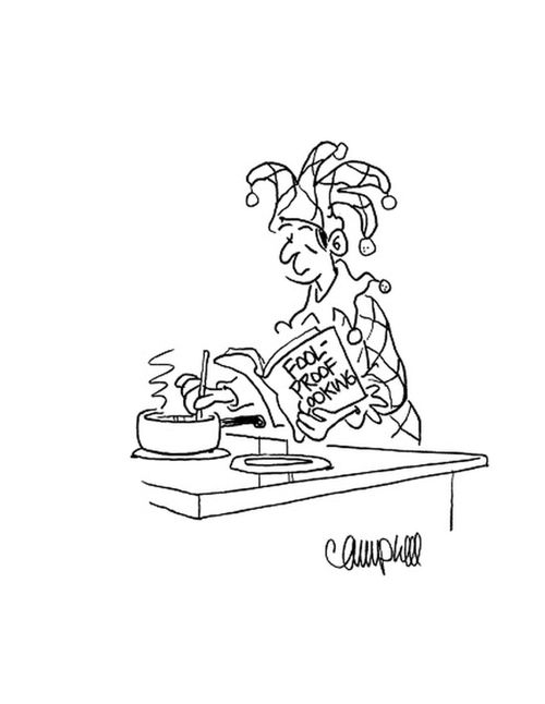 Jester cooks using book called 'Fool-proof Cooking'.