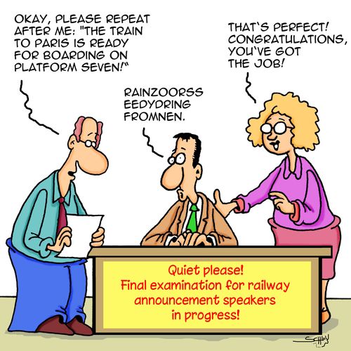 Quiet please! Final examination for railway announcement speakers in progress!